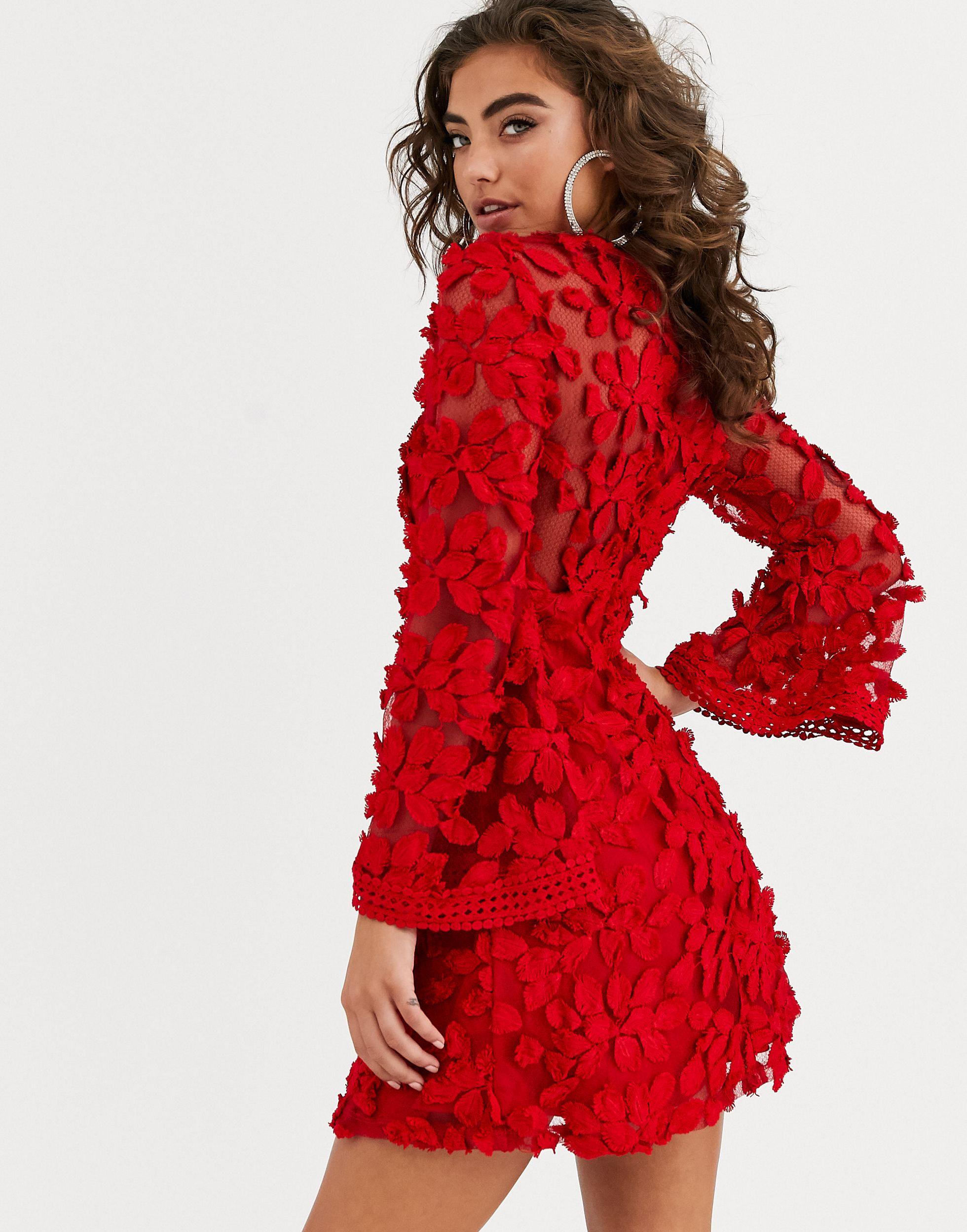 Love Triangle Floral Embroide Long Sleeve Dress in Red | Lyst