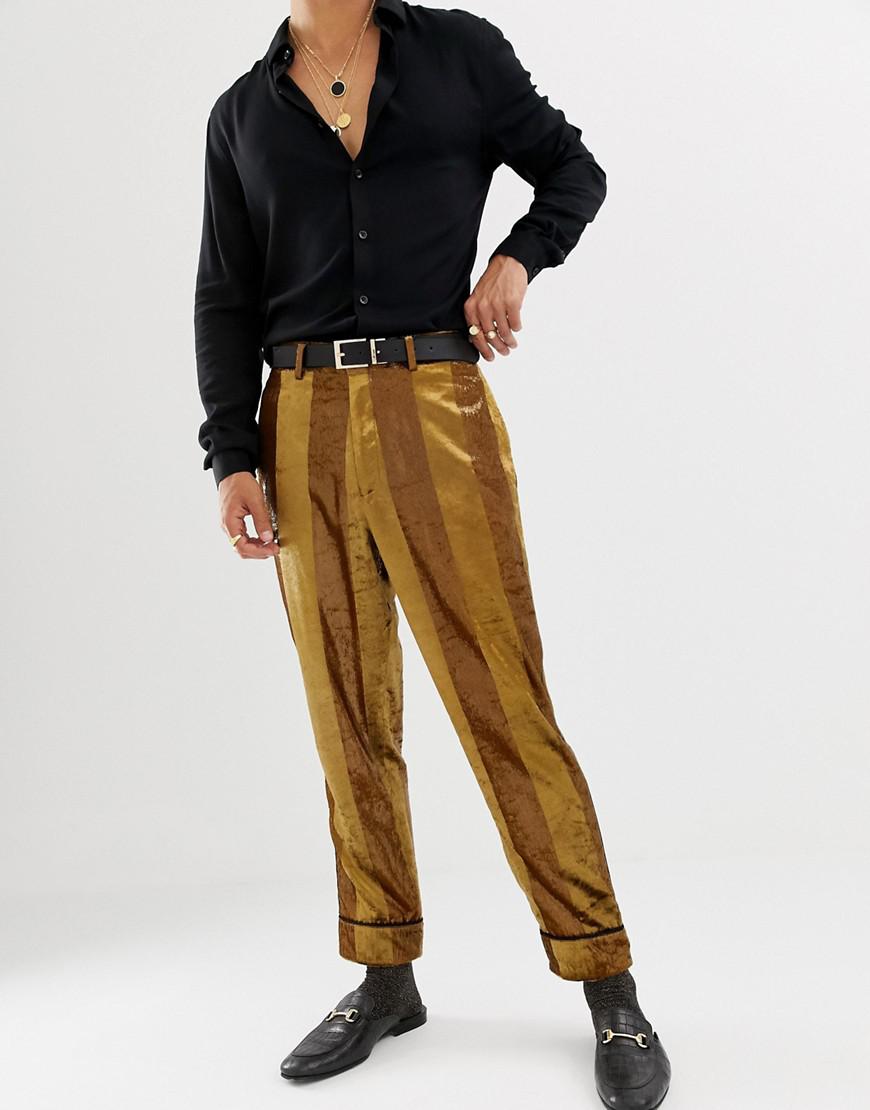 ASOS Tapered Suit Pants In Tonal Velvet Mustard Stripe in Yellow for Men - Lyst