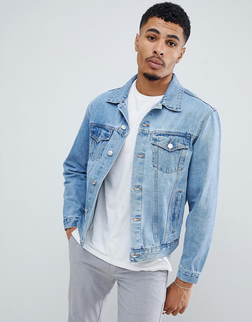 blue denim jacket grey jeans