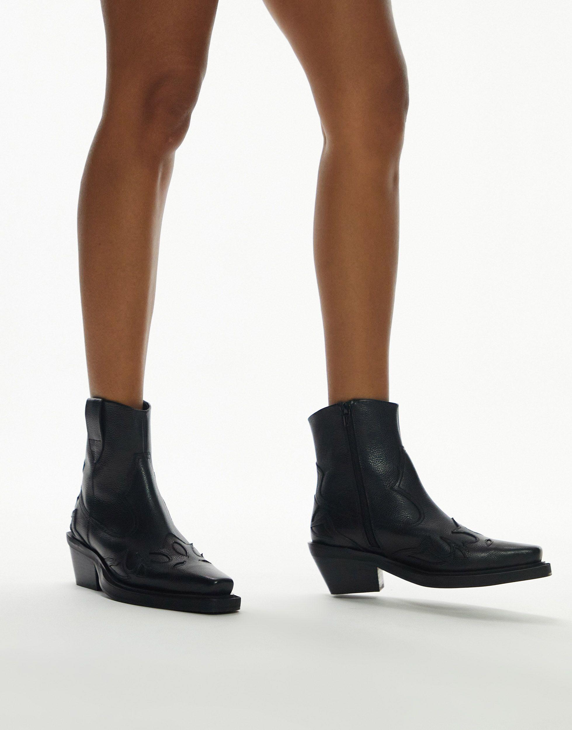 TOPSHOP Lena Leather Western Ankle Boot in Black | Lyst