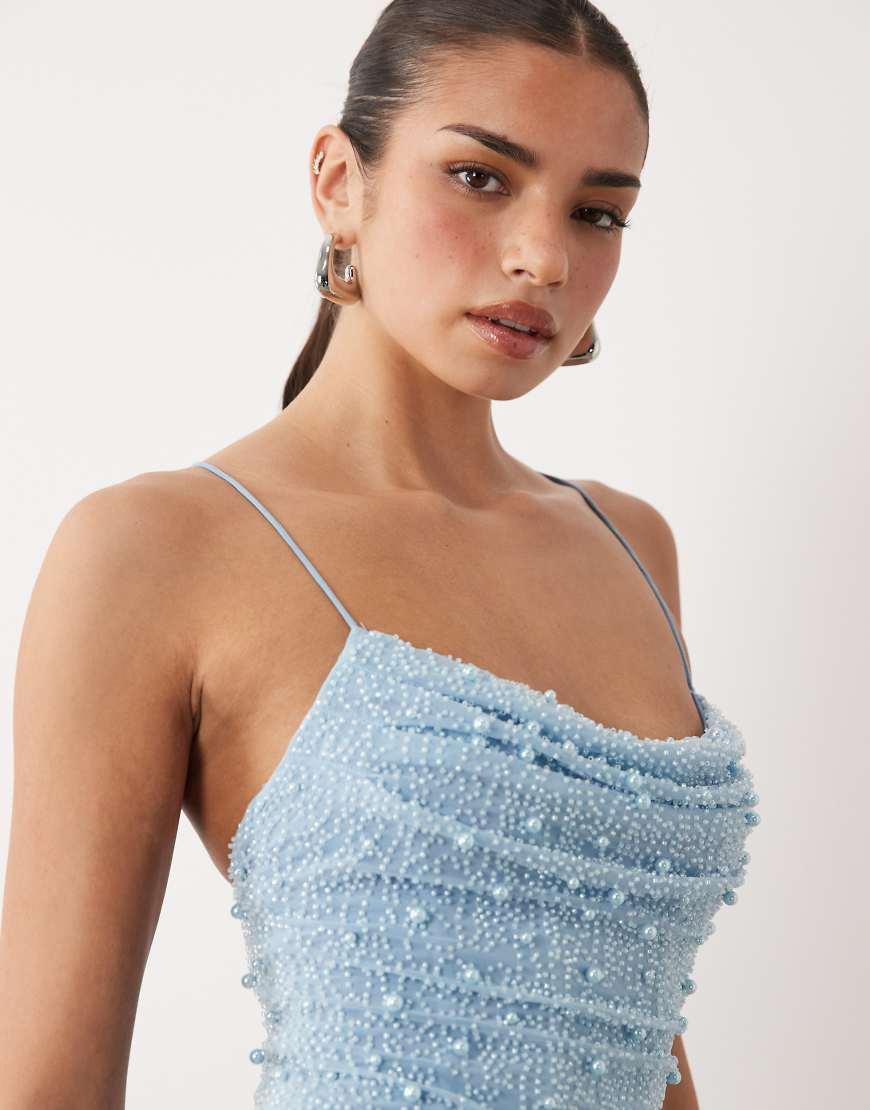 embellished cowl neck mini dress in blue Blue Crystal Embellished Cowl Neck Mini Dress | Dresses