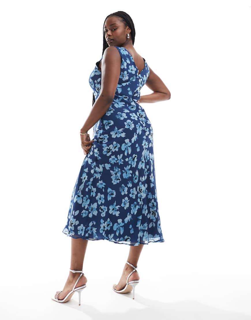 Vestido Midi Azul Con Estampado Floral, Cuello De Pico Y Detalle