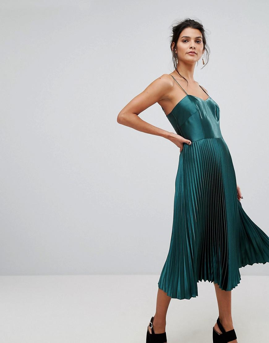 Whistles Satin Pleated Strappy Dress in Green | Lyst