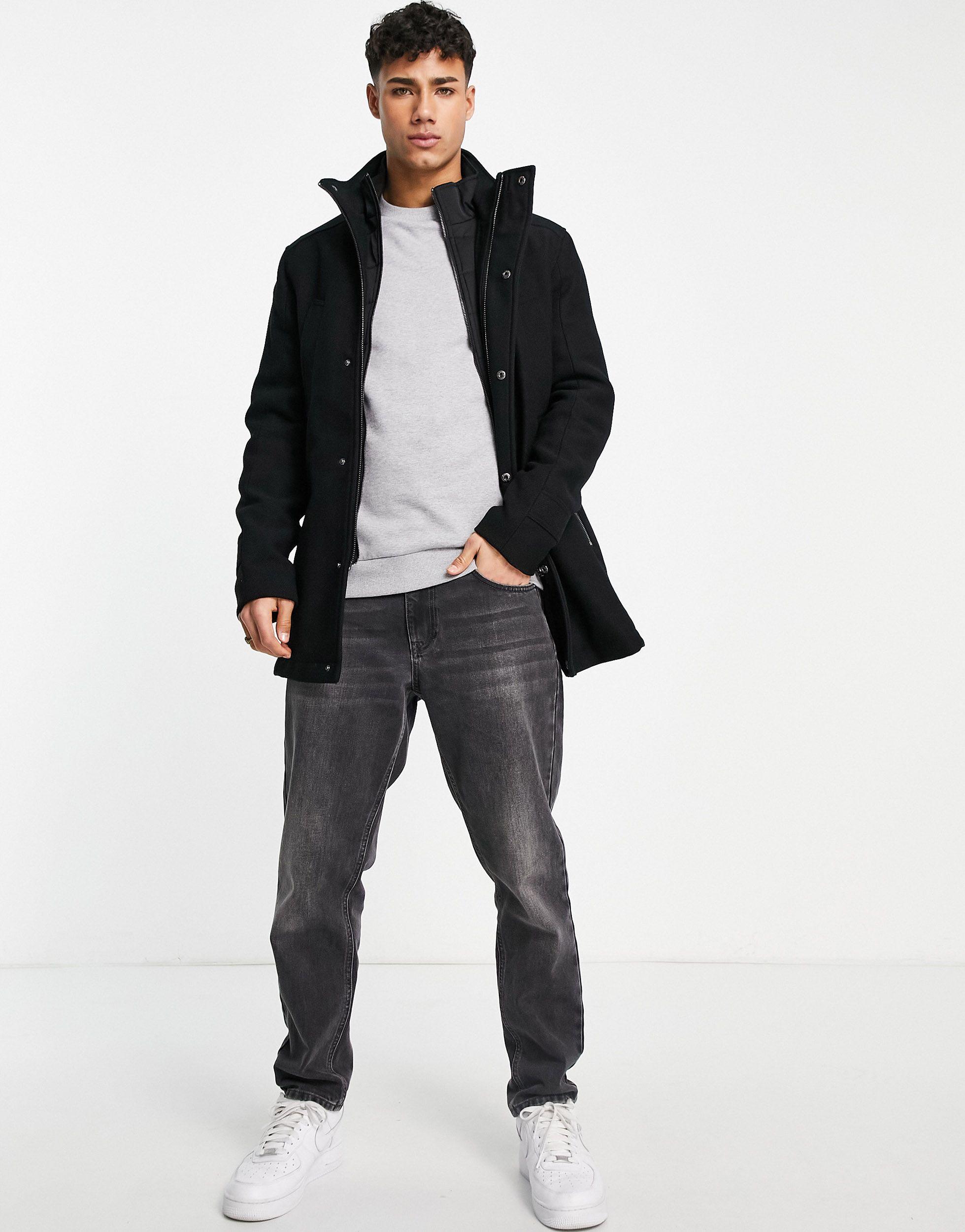 River Island Overcoat With Fixed Liner in Black for Men Lyst