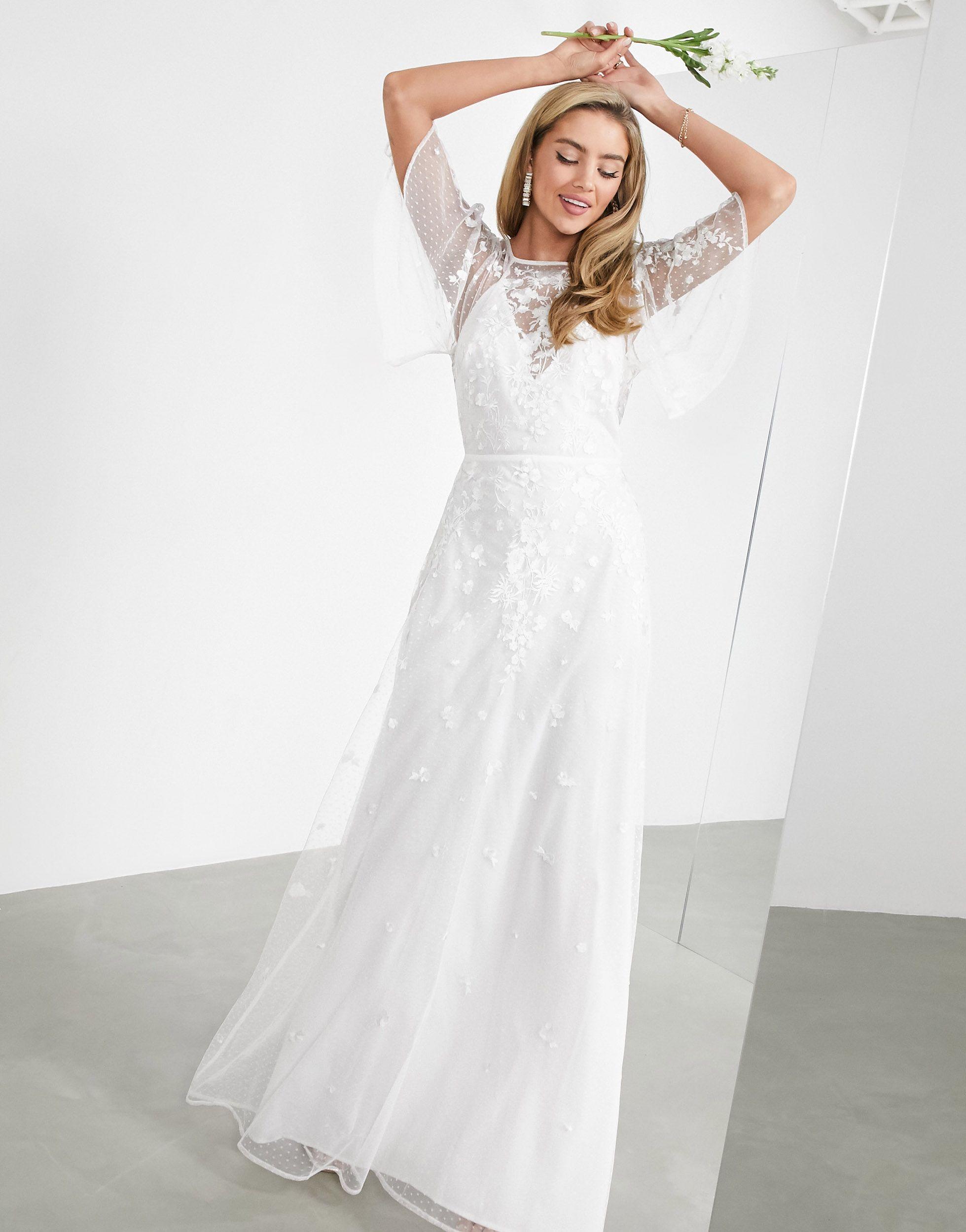 ASOS Annie Floral Embroidered Flutter Sleeve Wedding Dress in White | Lyst