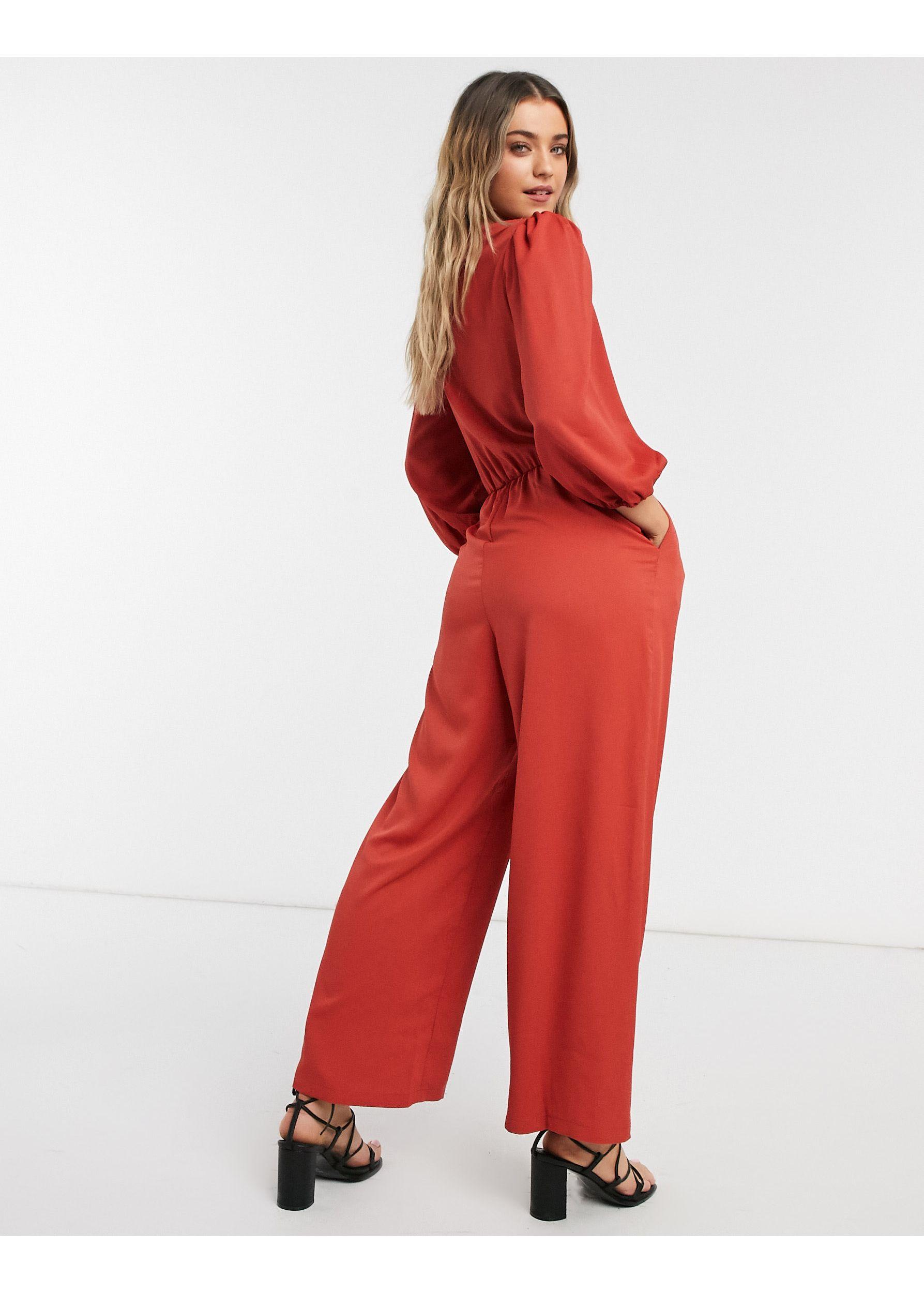 Monki Tia Wrap Front Jumpsuit in Red | Lyst