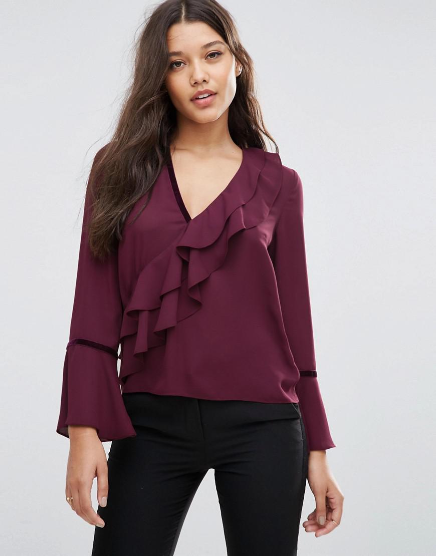 Lyst - Asos Ruffle Blouse With Velvet Trim in Red