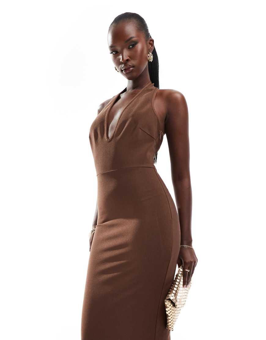ASOS Bandage Deep Scoop Halter Neck Midi Dress in Brown Lyst UK