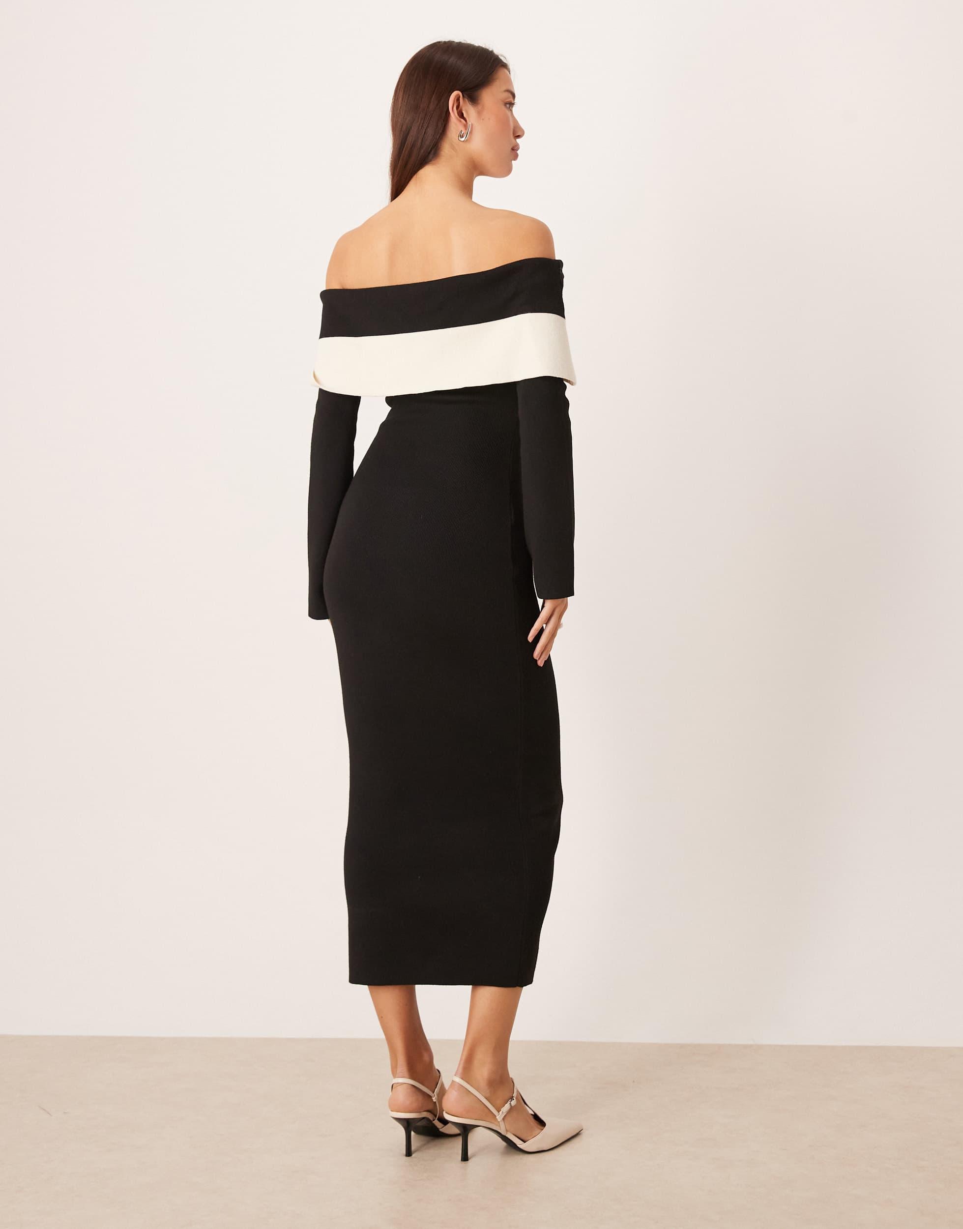 Long Sleeve Black Off Shoulder Rib Knitted Midaxi Dress Pretty Lavish Rib  Knit Off The Shoulder