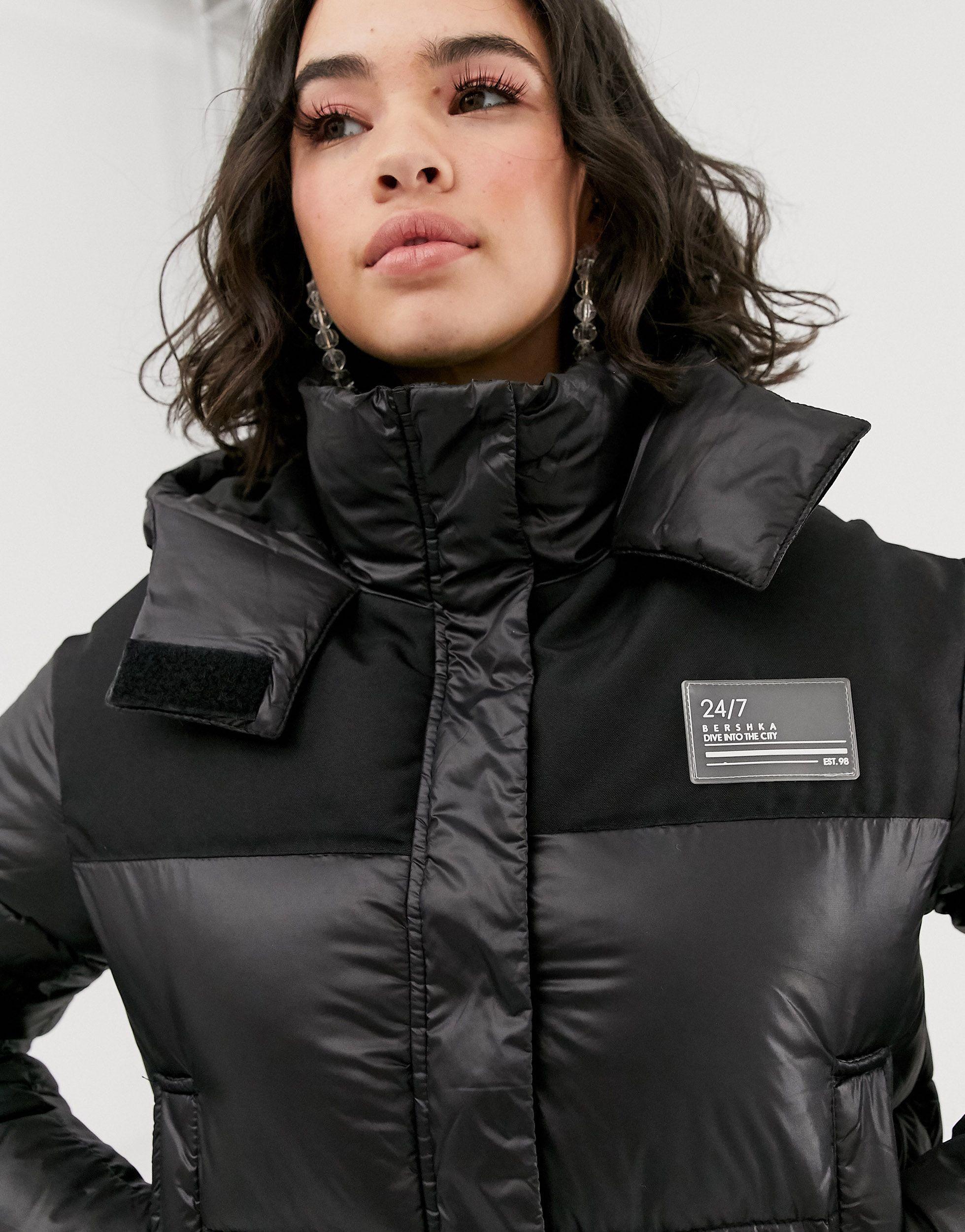 Bershka Puffer Jacket With Hood in Black | Lyst