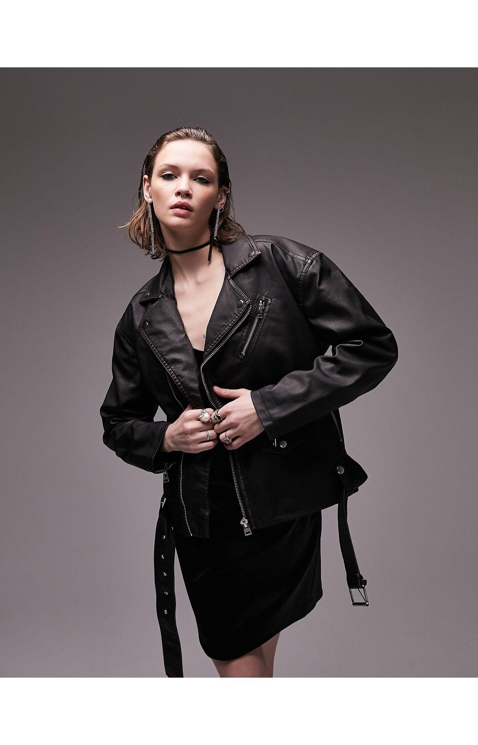 TOPSHOP Faux Leather Oversized Biker Jacket in Black | Lyst