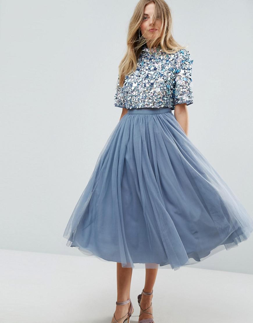 ASOS High Neck Embellished Crop Top Tulle Midi Dress in Blue | Lyst