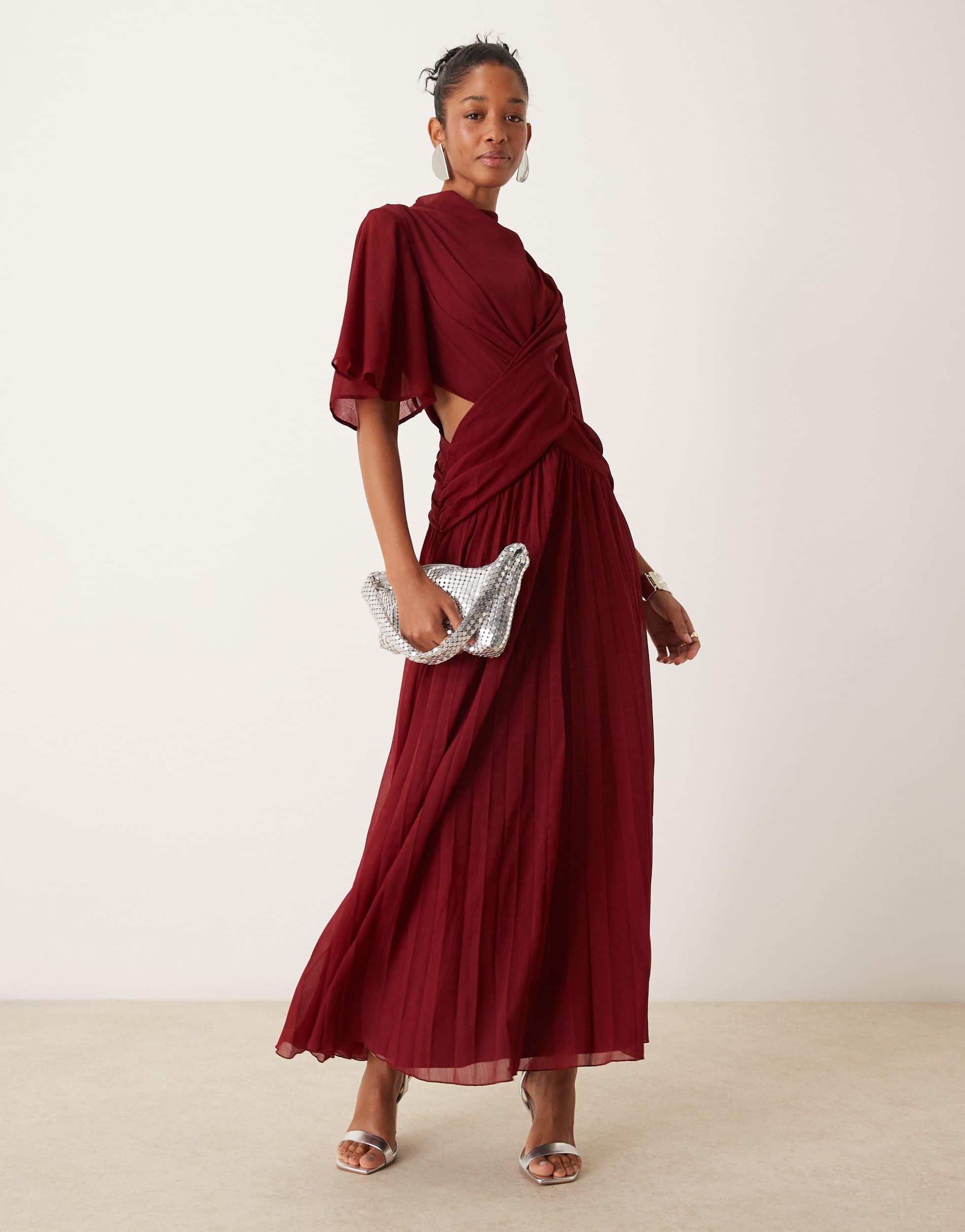 ASOS Cowl Wrap Front Pleated Midi Dress With Cut Out in Red | Lyst