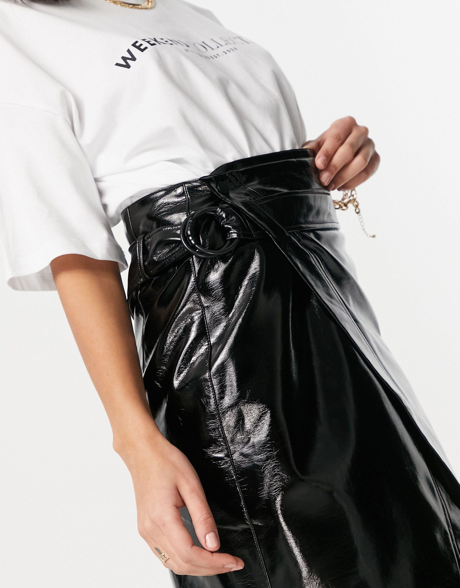NA-KD Slit Front Paperbag Waist Pu Midi Skirt in Black | Lyst