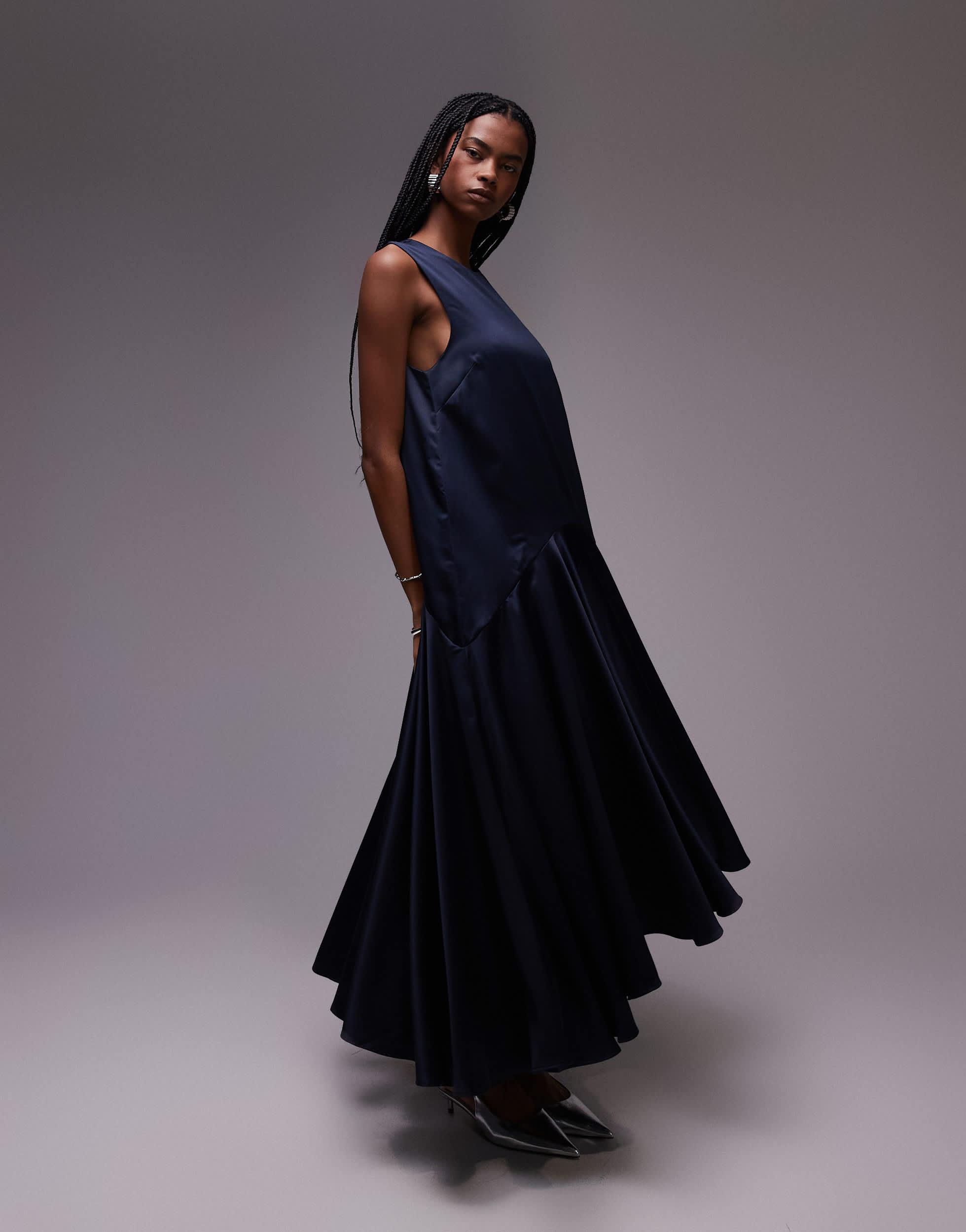 ASOS Satin Drop Waist Circle Skirt Maxi Dress in Blue Lyst