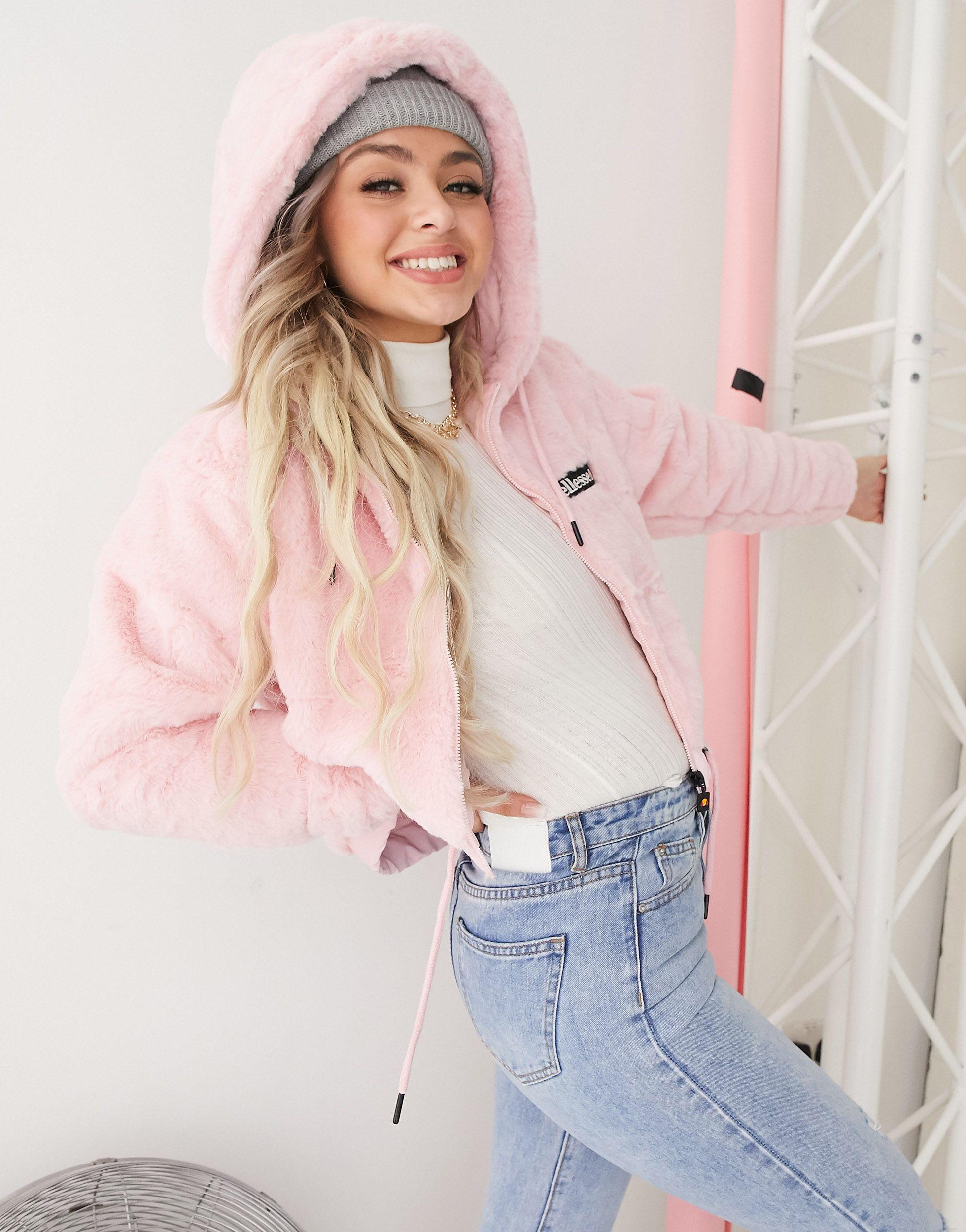 Ellesse Faux Fur Cropped Hooded Jacket in Pink | Lyst