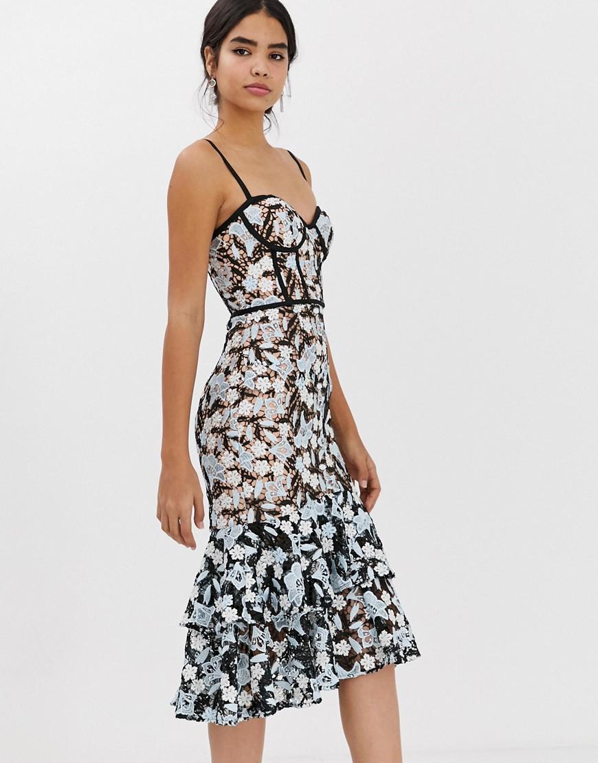 jarlo all over contrast floral lace embroidered midi dress with ruffle hem detail in multi