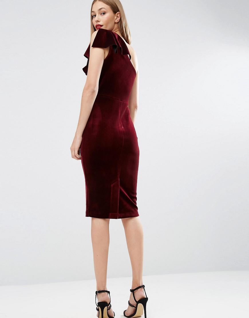 ASOS Premium Velvet One Shoulder Ruffle Midi Dress in Oxblood (Red) Lyst