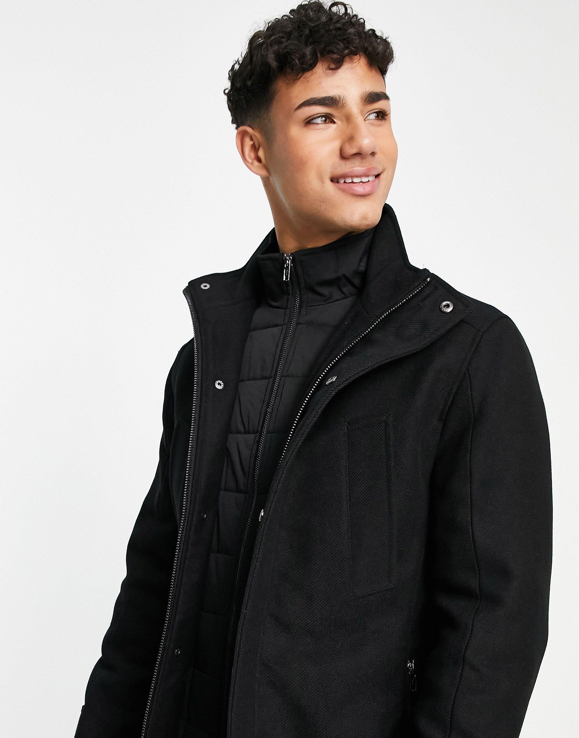 River Island Overcoat With Fixed Liner in Black for Men Lyst