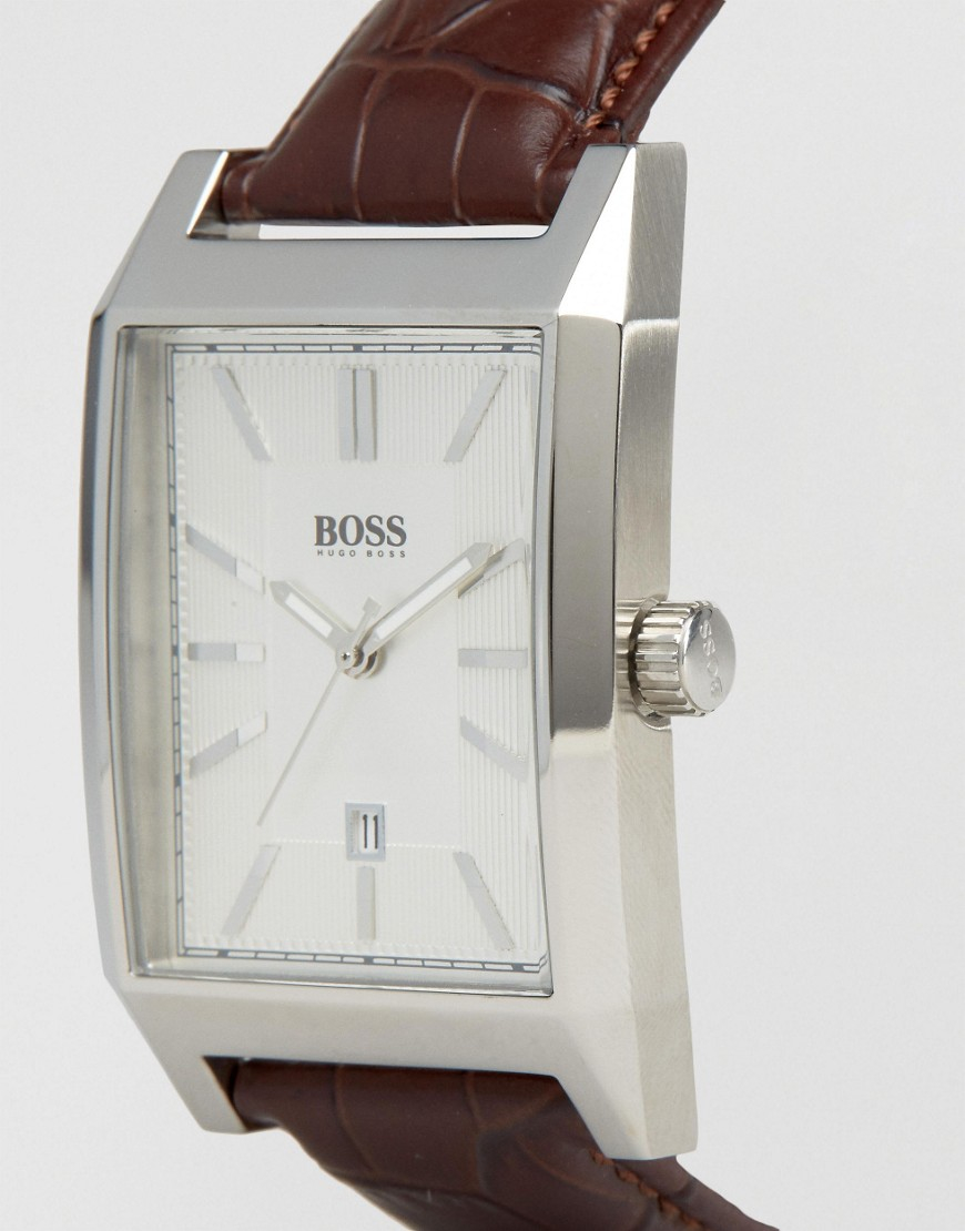 BOSS by HUGO BOSS Hugo Square Face Leather Watch In Brown in Black for Men  | Lyst