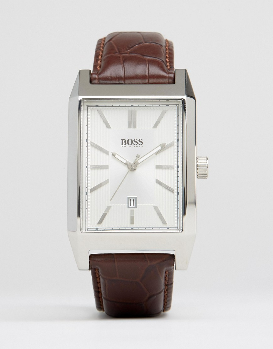 BOSS by HUGO BOSS Hugo Square Face Leather Watch In Brown in Black for Men  | Lyst