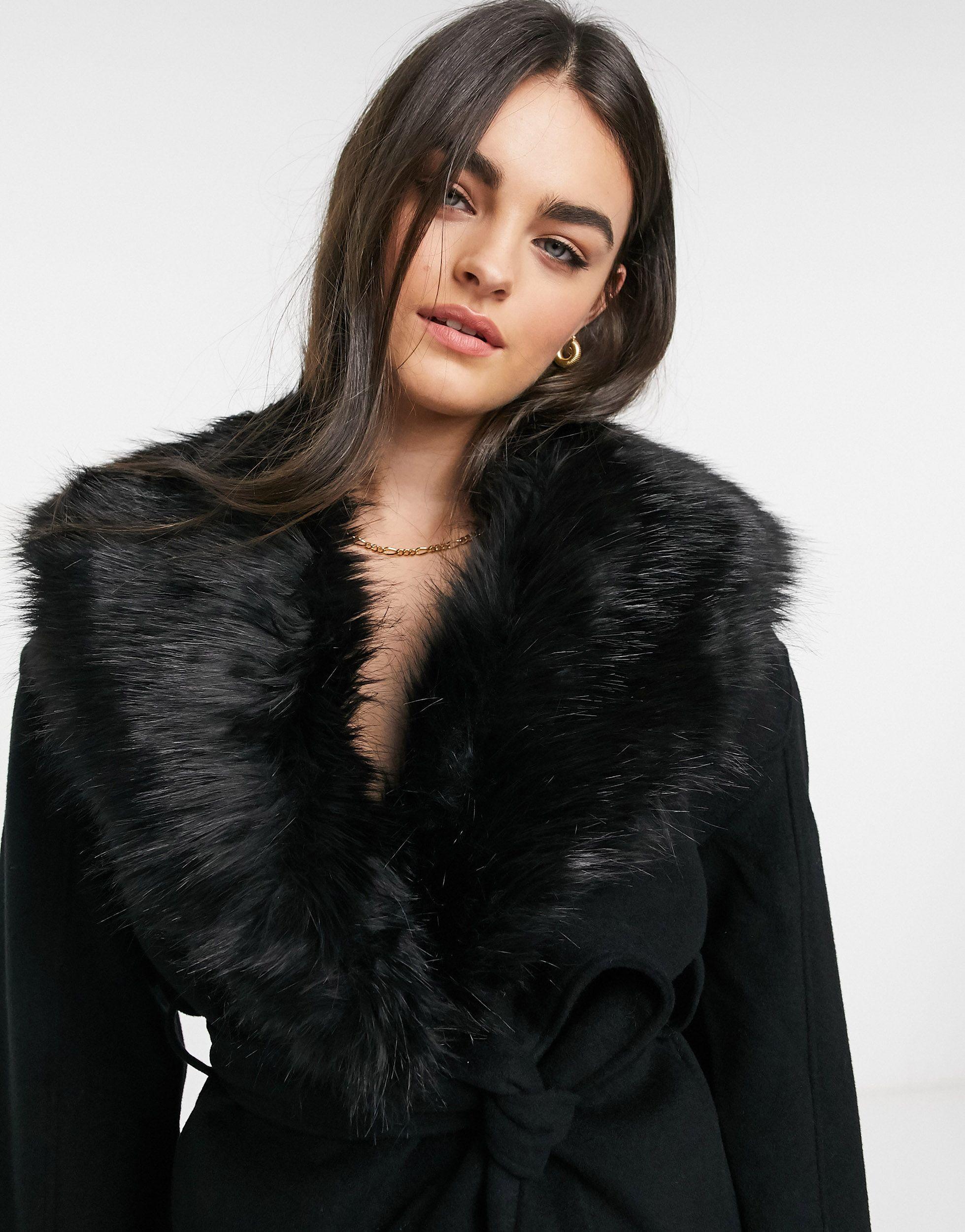 & Other Stories Short Belted Faux Fur Collar Coat in Black | Lyst
