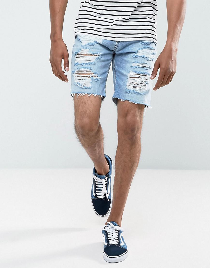 Pull&Bear Denim Shorts With Distressing In Bleach Wash in Blue for Men ...