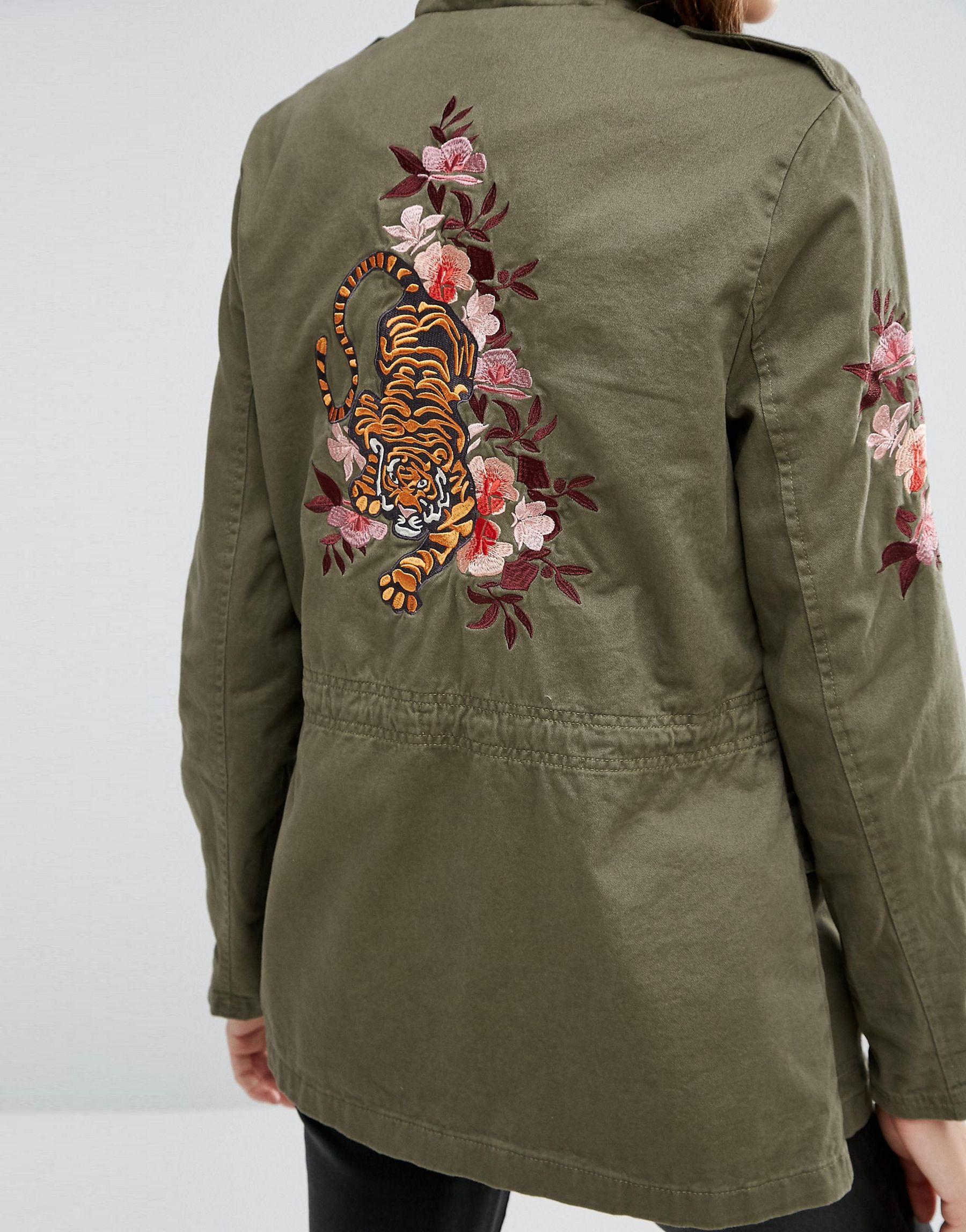 New Look Cotton Utility Jacket With Tiger Embroidered Back in Dark Khaki  (Green) | Lyst