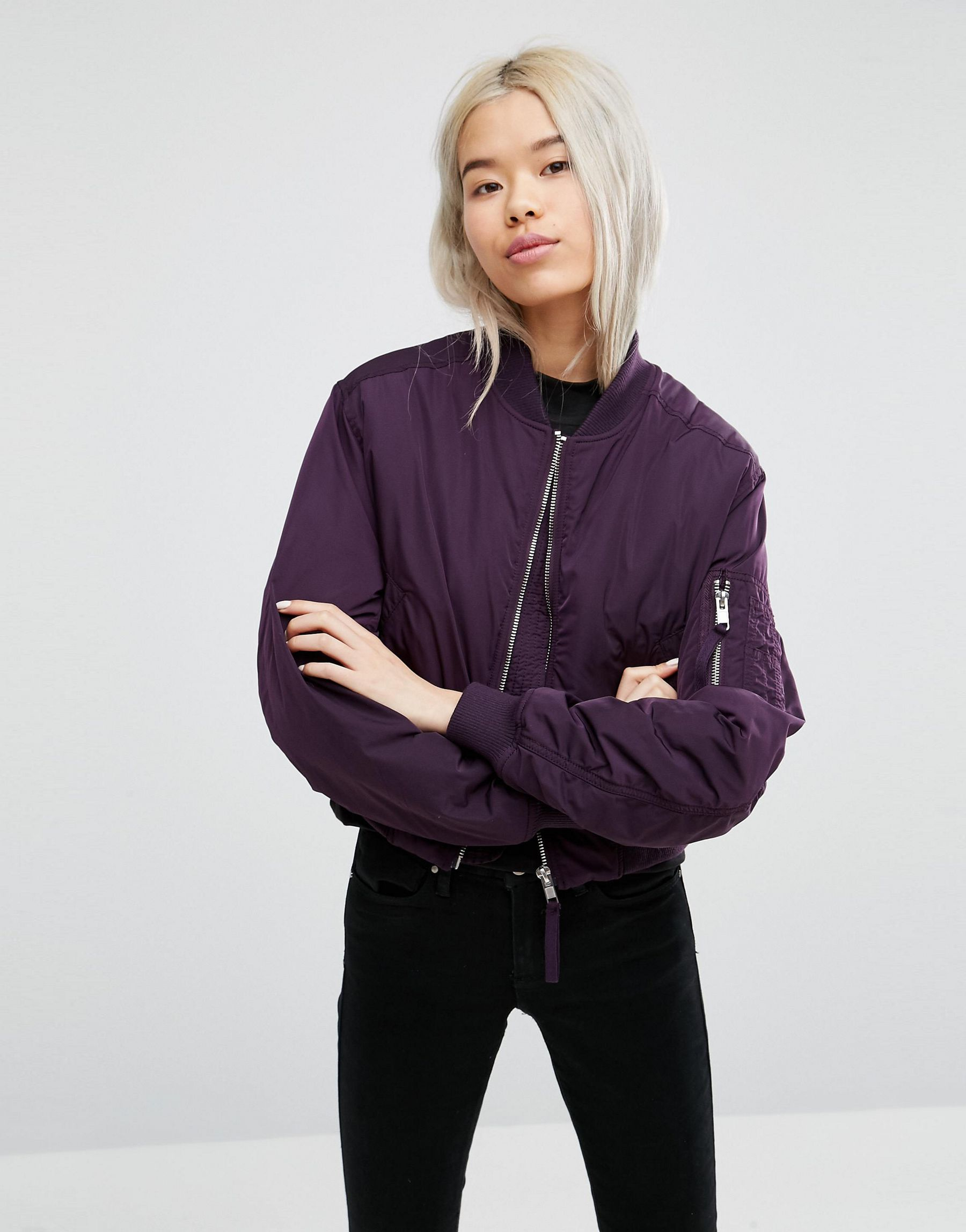 Weekday Cropped Bomber Jacket in Purple | Lyst