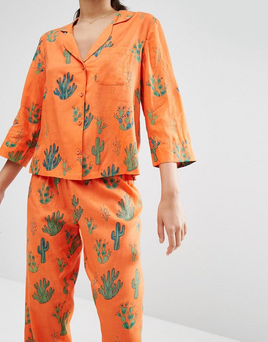 Asos Denim Cactus Traditional Shirt Long Leg Pyjama Set In Orange Lyst