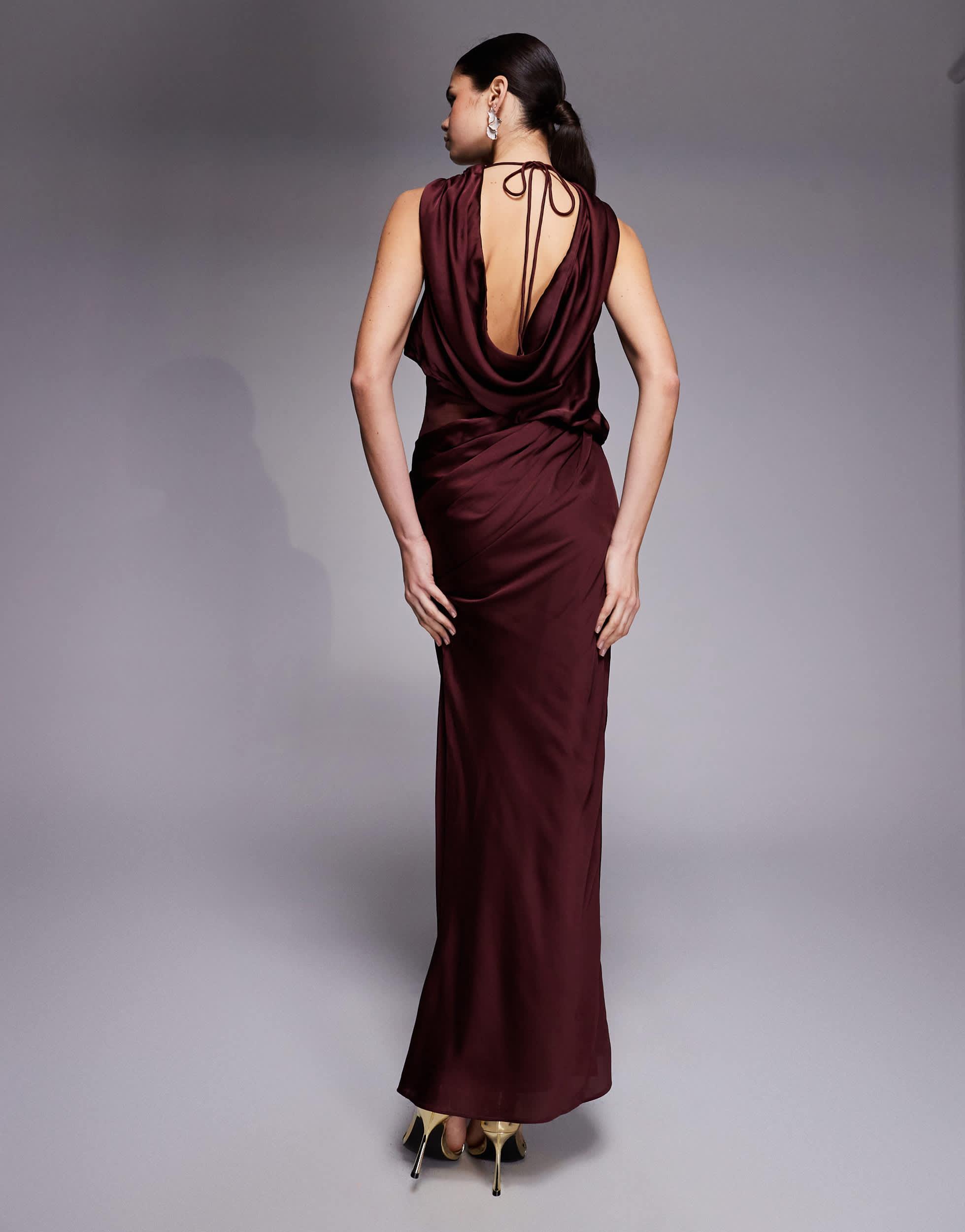 ASOS Draped High Neck Asymmetric Satin Bodice Maxi Dress With Sheer Panel  in Purple | Lyst