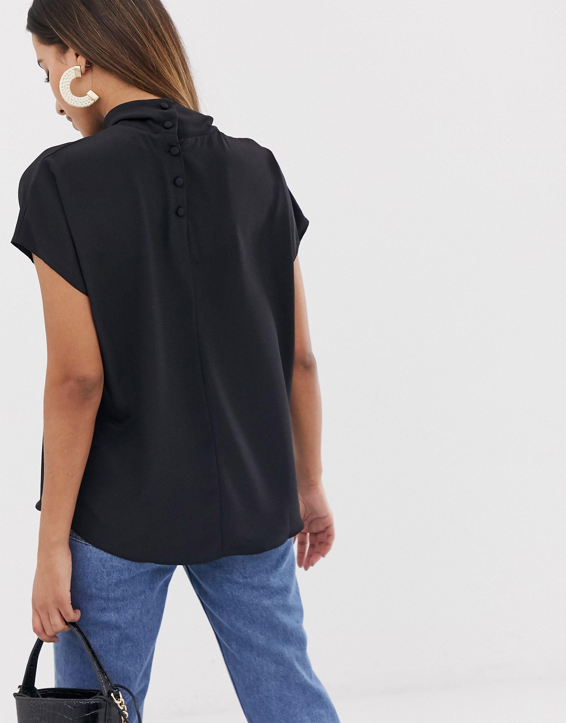 high neck black top short sleeve