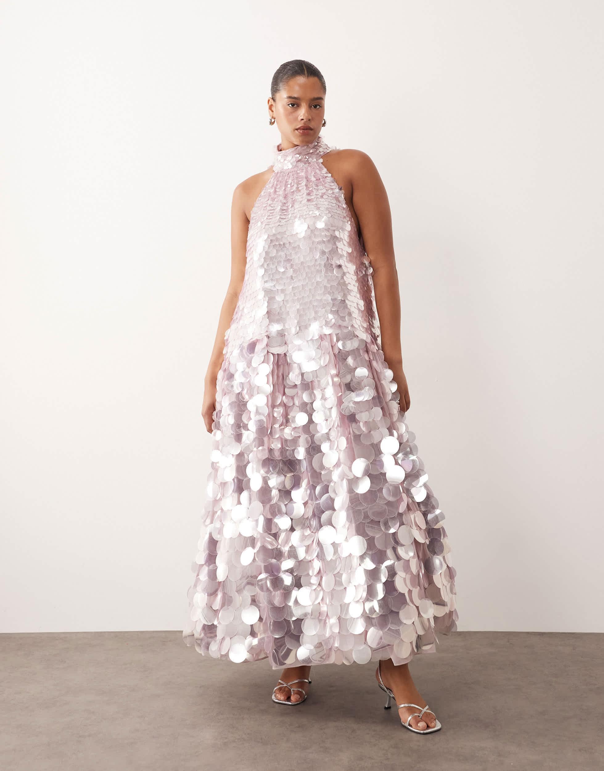 ARRANGE Curve Disc Sequin Halter Trapeze Maxi Dress in Pink | Lyst