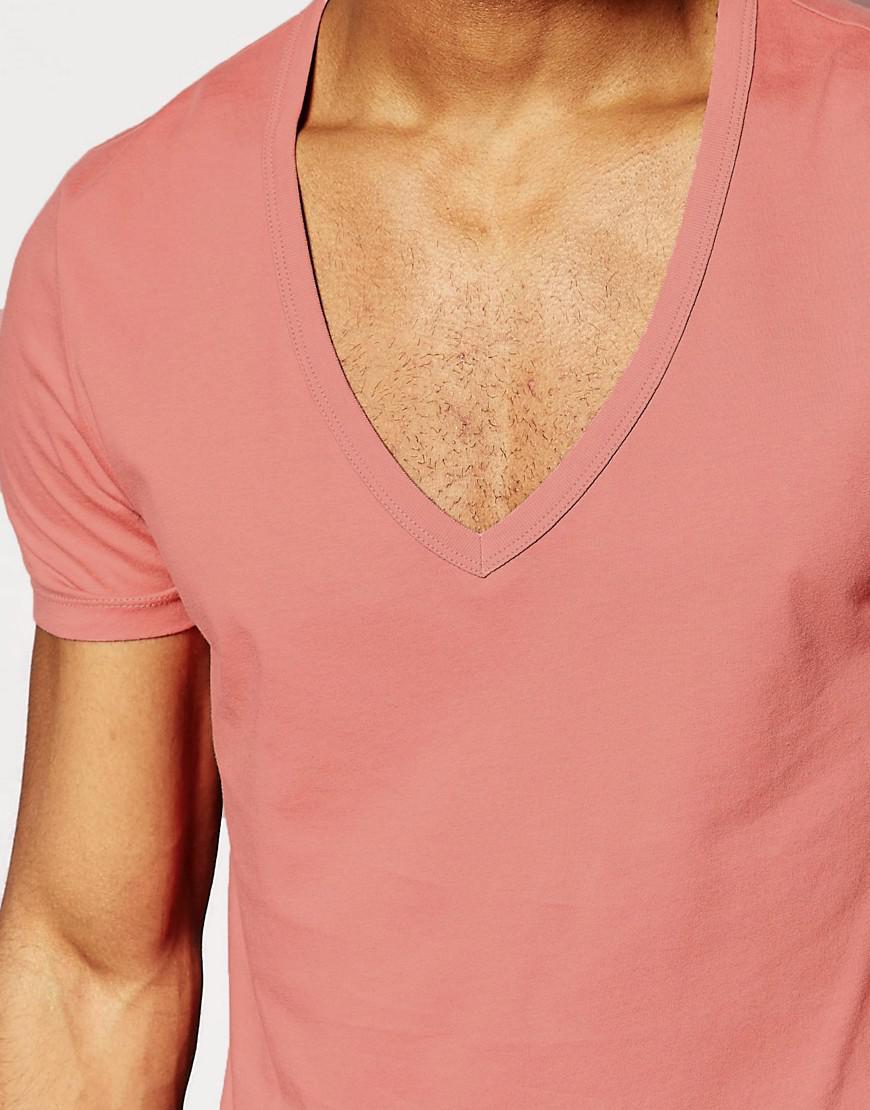 ASOS T-shirt With Deep V Neck in Pink for Men | Lyst