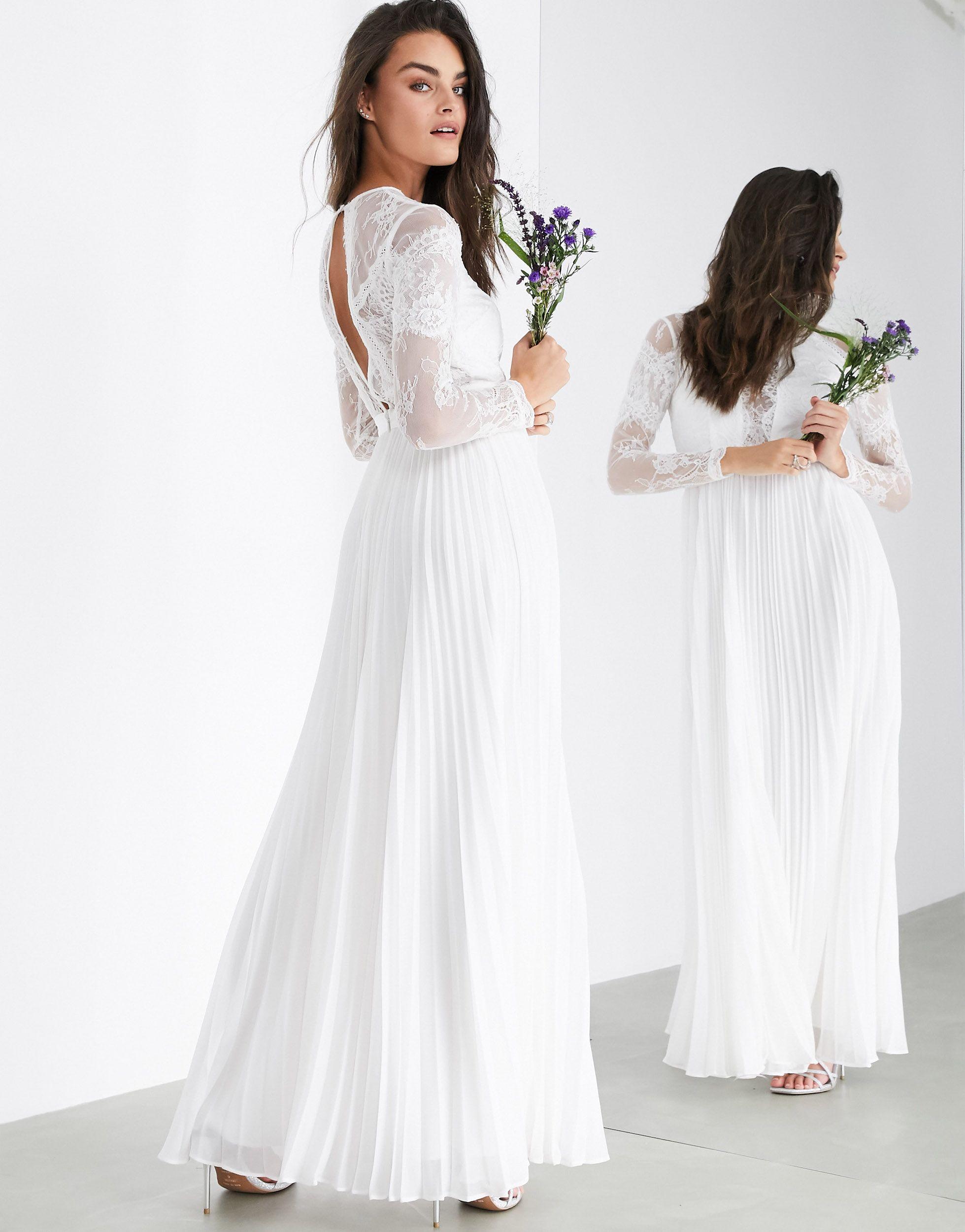 ASOS EDITION Iris long sleeve lace bodice maxi wedding dress with pleated  skirt - ShopStyle