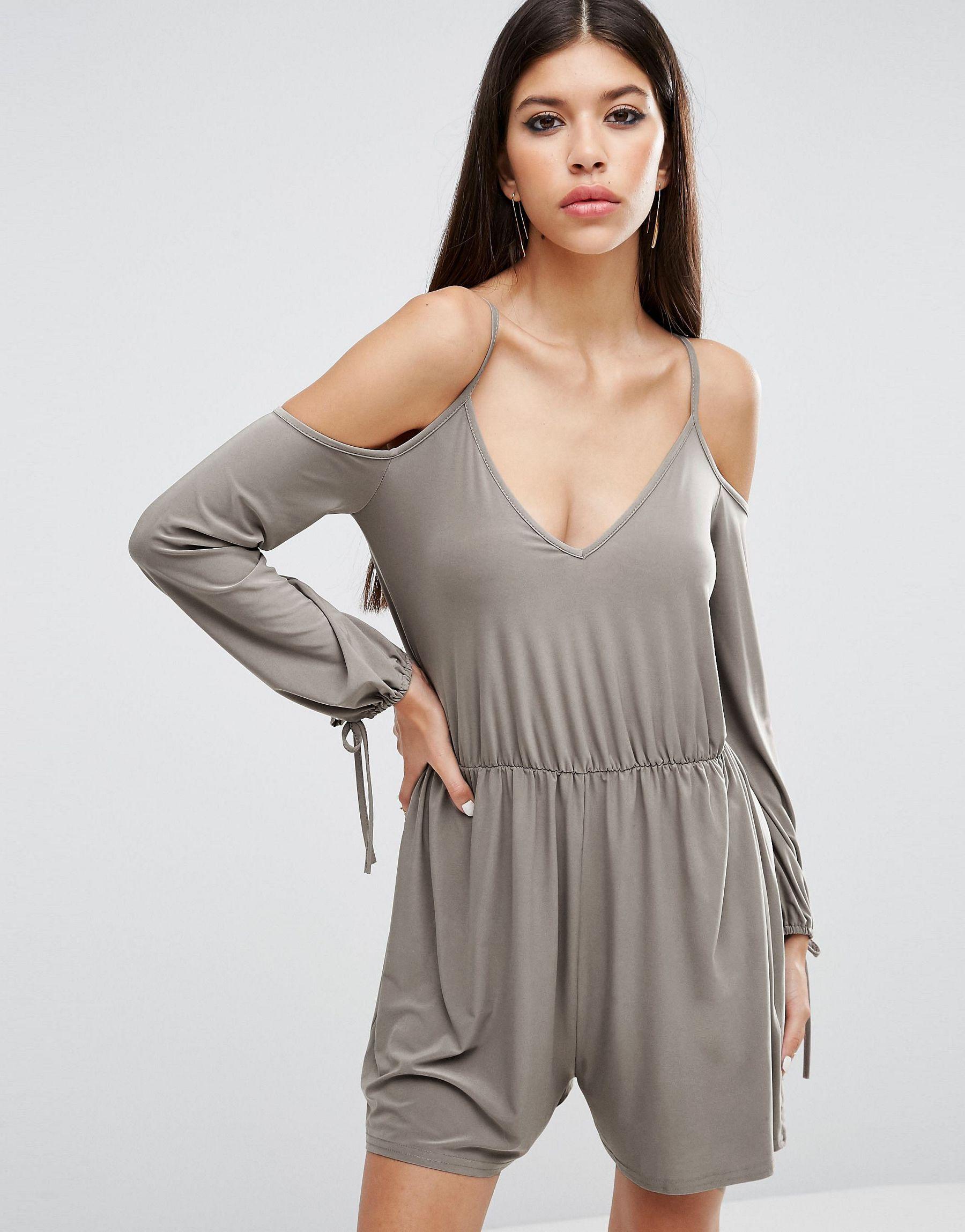 Asos Slinky Playsuit With Cold Shoulder And Long Sleeve in Gray - Save ...
