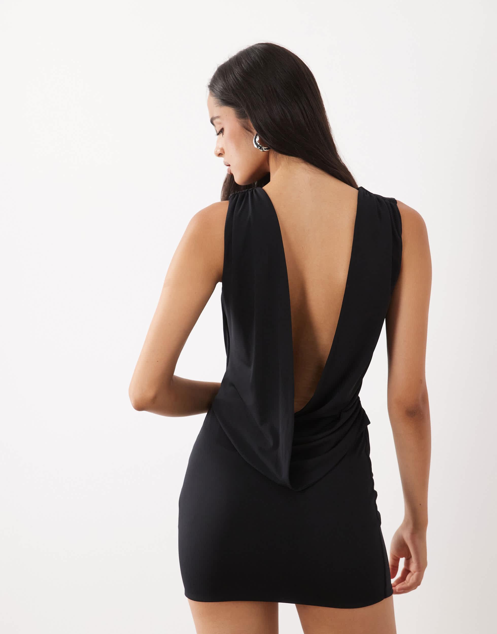 Oh Polly Slinky Backless Drape Detail Mini Dress in Black