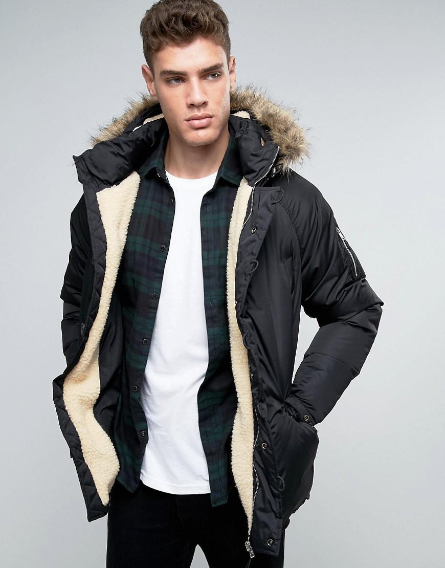 Pull&Bear Fleece Parka Jacket In Black for Men - Lyst