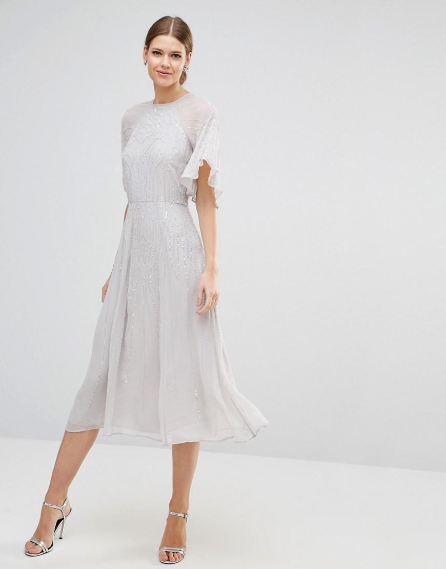 Asos Synthetic Wedding Embellished Flutter Sleeve Midi Dress In