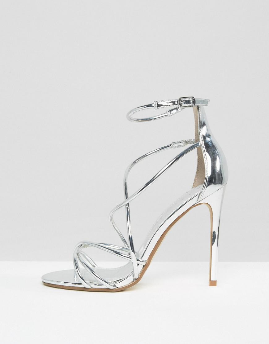 Office Spindle Silver Mirror Strappy Heeled Sandals in Metallic | Lyst