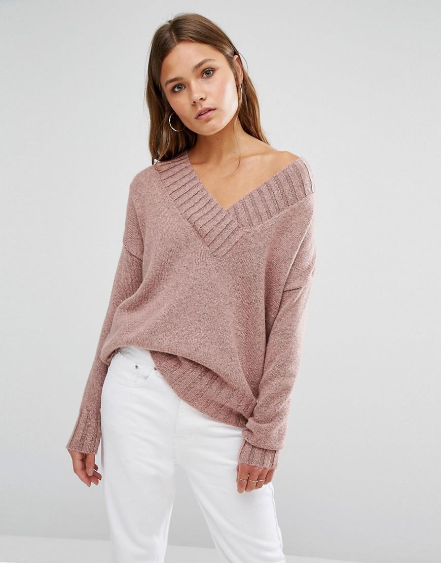 New Look Synthetic Knitted Oversized V Neck Jumper in Pink Lyst