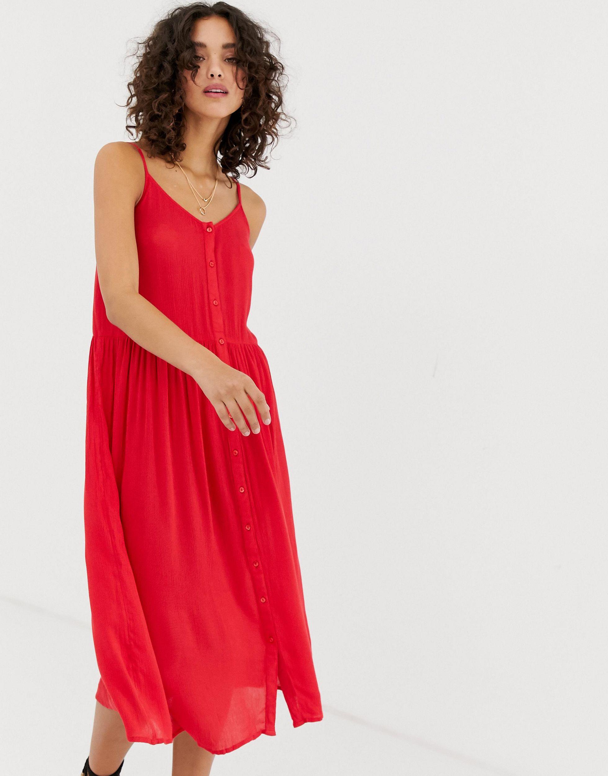 red button front midi dress