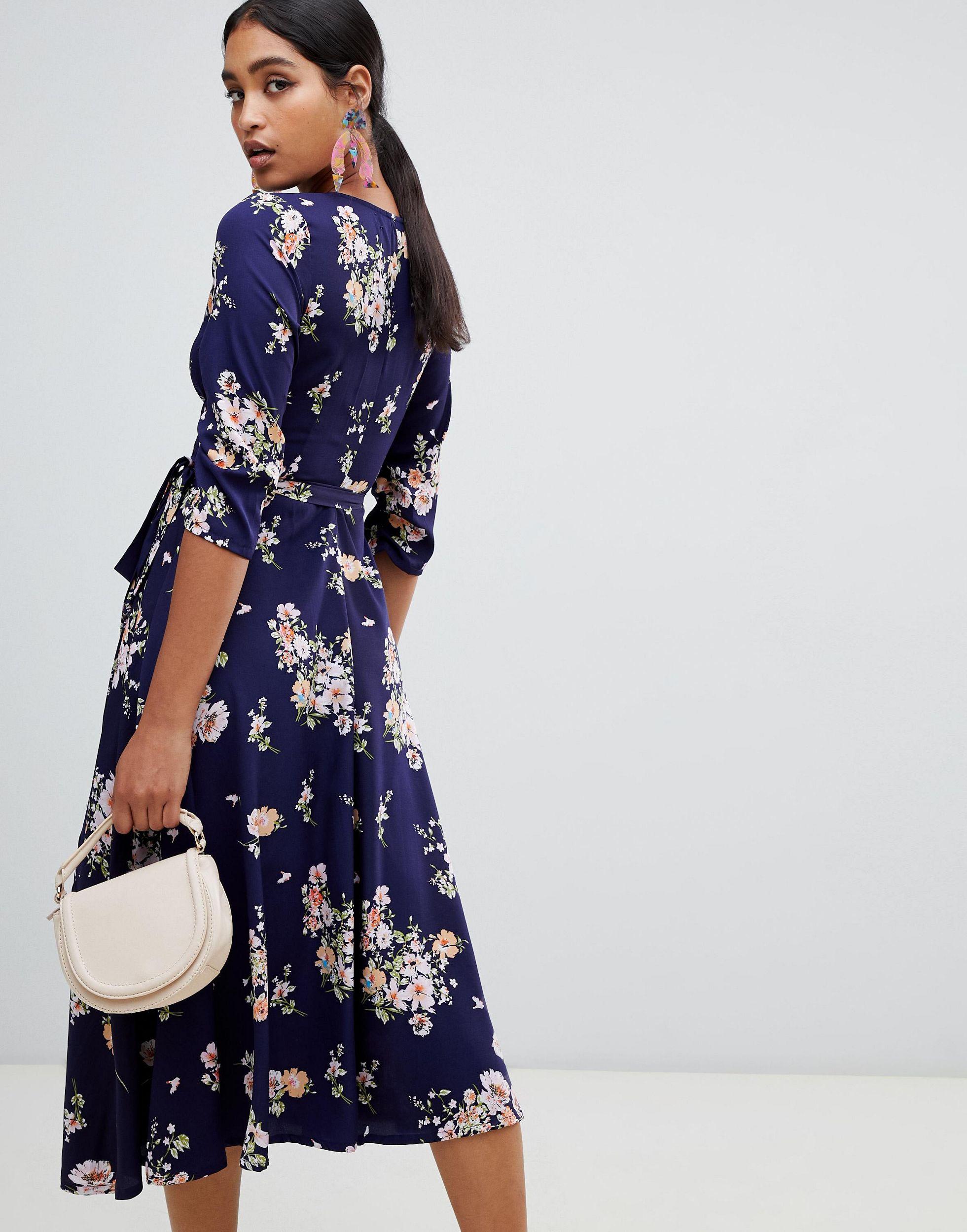liquorish wrap front midi tea dress in floral print