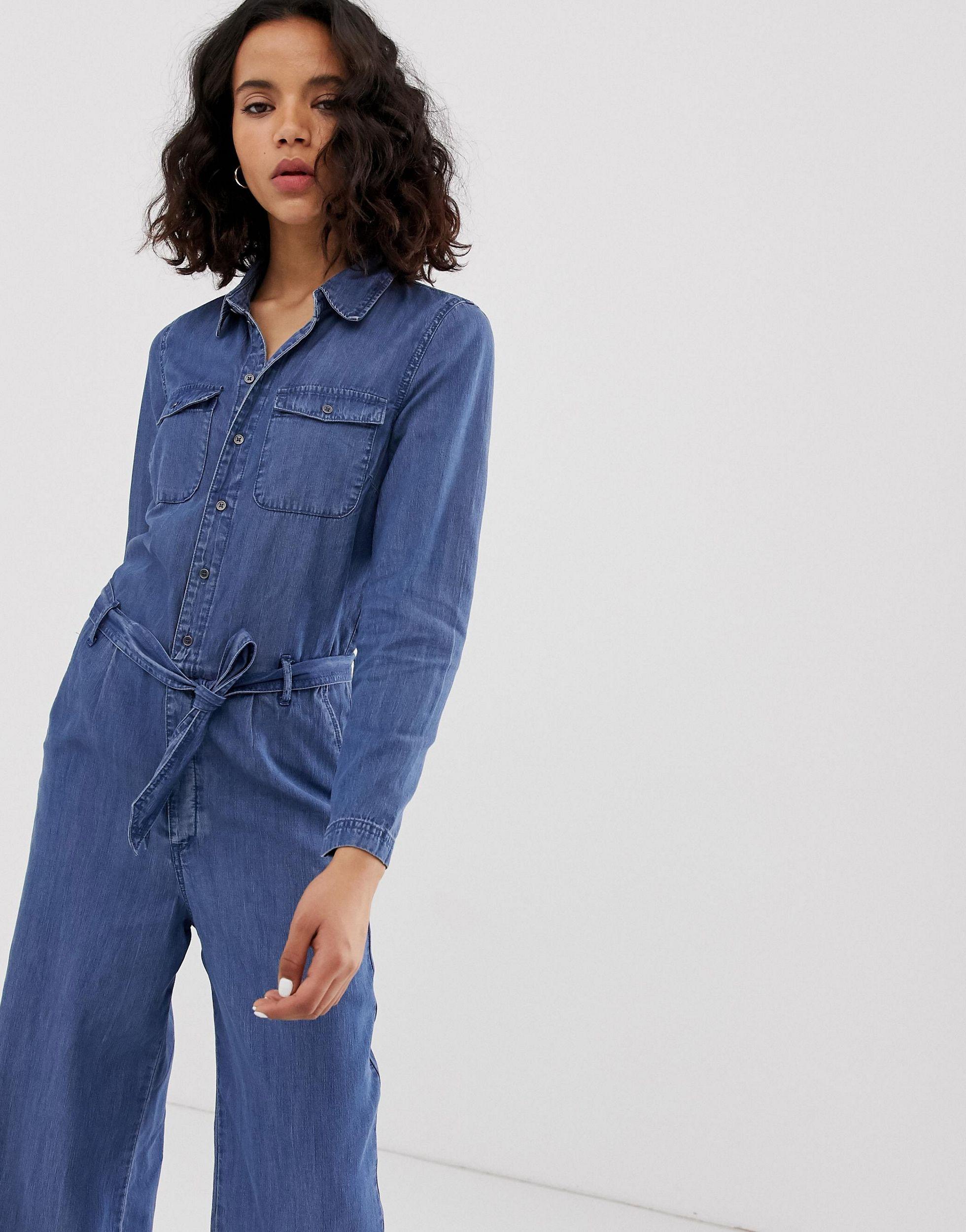 ONLY Denim Button Through Wide Leg Jumpsuit in Blue - Lyst