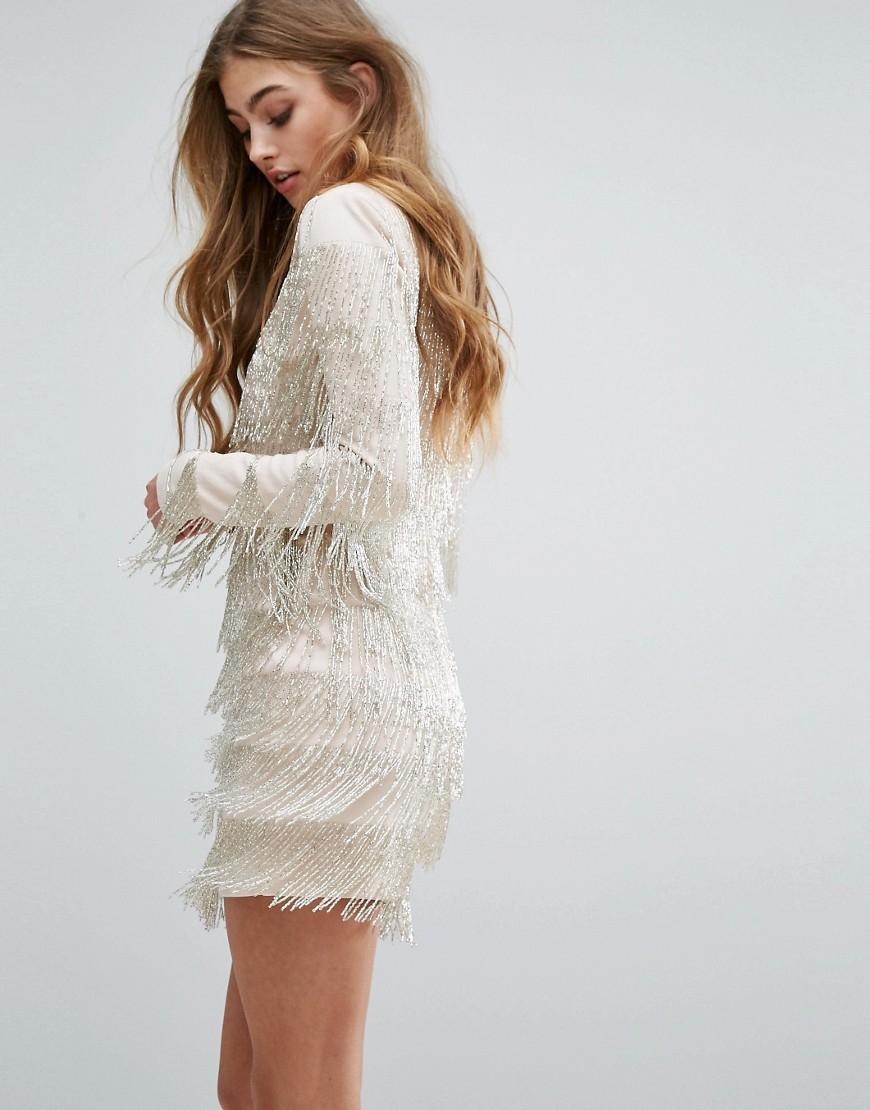 white and silver tassel dress