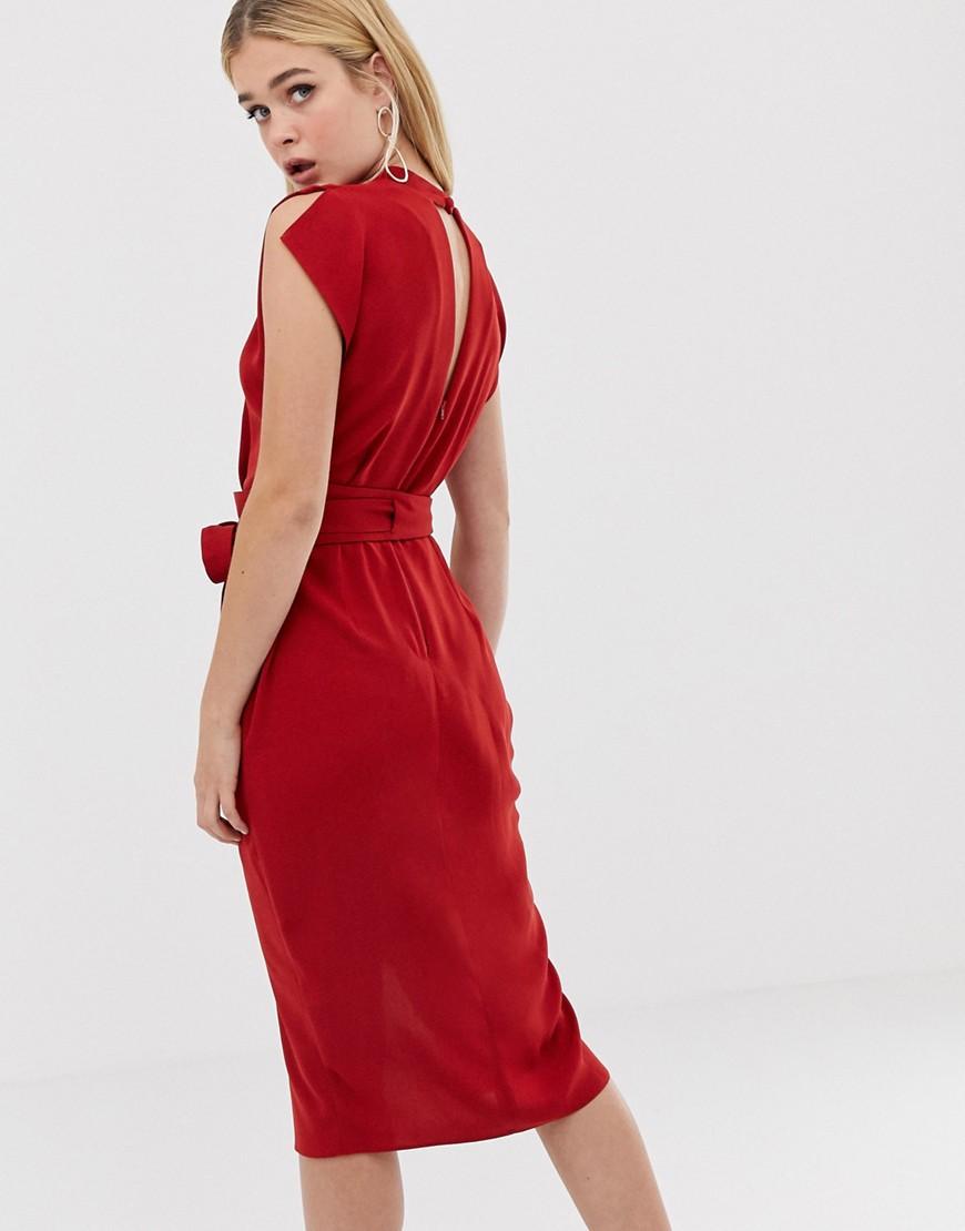 asos design split sleeve midi dress with obi belt