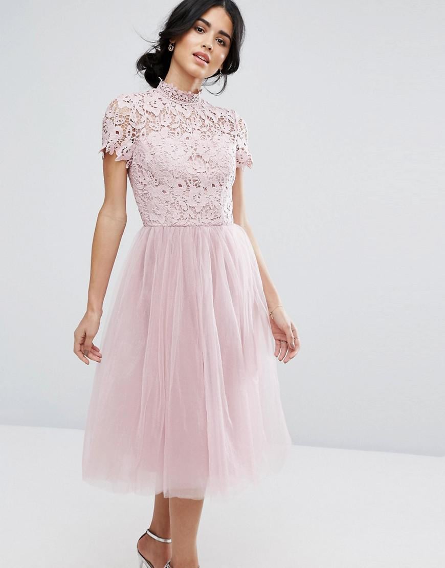 Chi Chi London High Neck Lace Midi Dress With Tulle Skirt in Pink