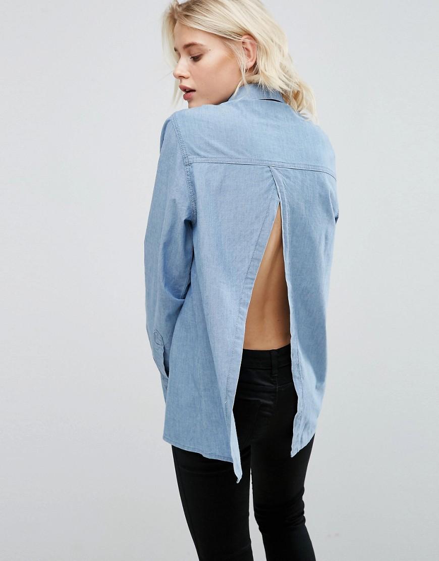 ASOS Denim Shirt With Open Back In Mid Wash Blue | Lyst