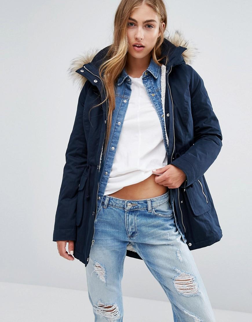 Hollister Sherpa Lined Parka Coat With Faux Fur Trim Hood Navy in Blue Lyst UK