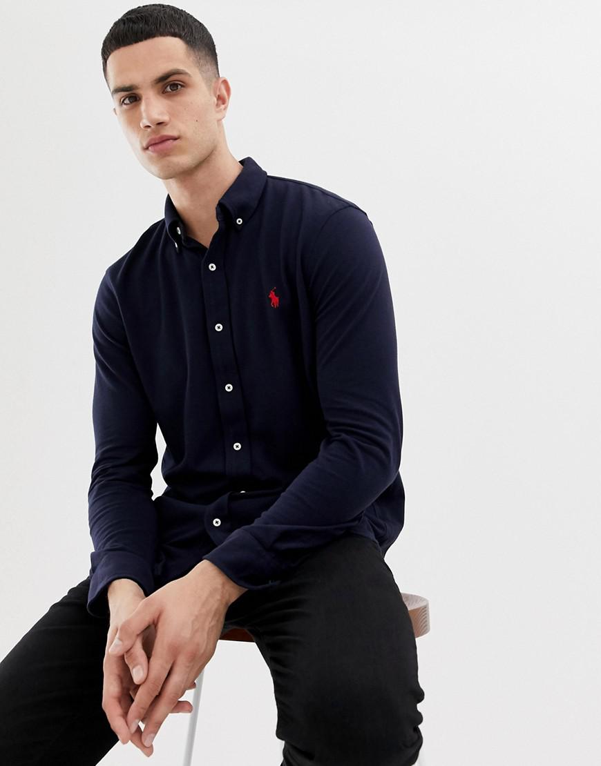 polo ralph lauren slim fit pique shirt player logo button down in navy